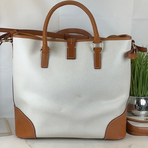 Dooney & Bourke Shelby Shopper Shoulder Tote Bag White Tan Leather Wristlet Set - Picture 15 of 16